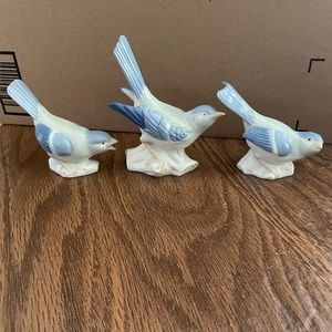 Trio of vintage ceramic light blue birds by Dresden